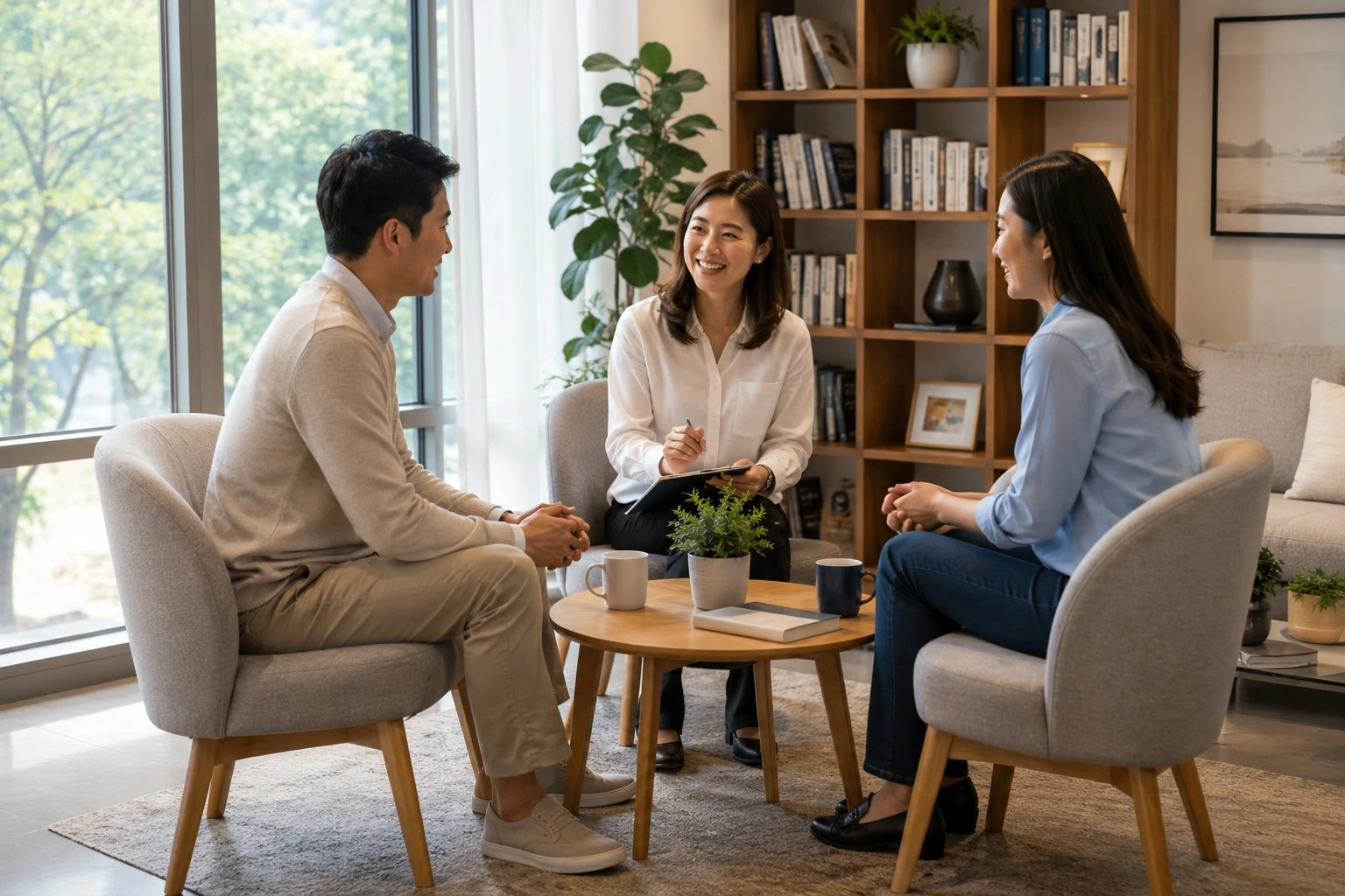 코치와 참여자들이 자연광이 드는 공간에서 대화를 나누는 모습